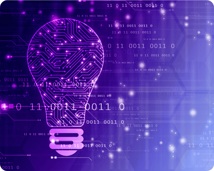 Digital concept light bulb with binary code.