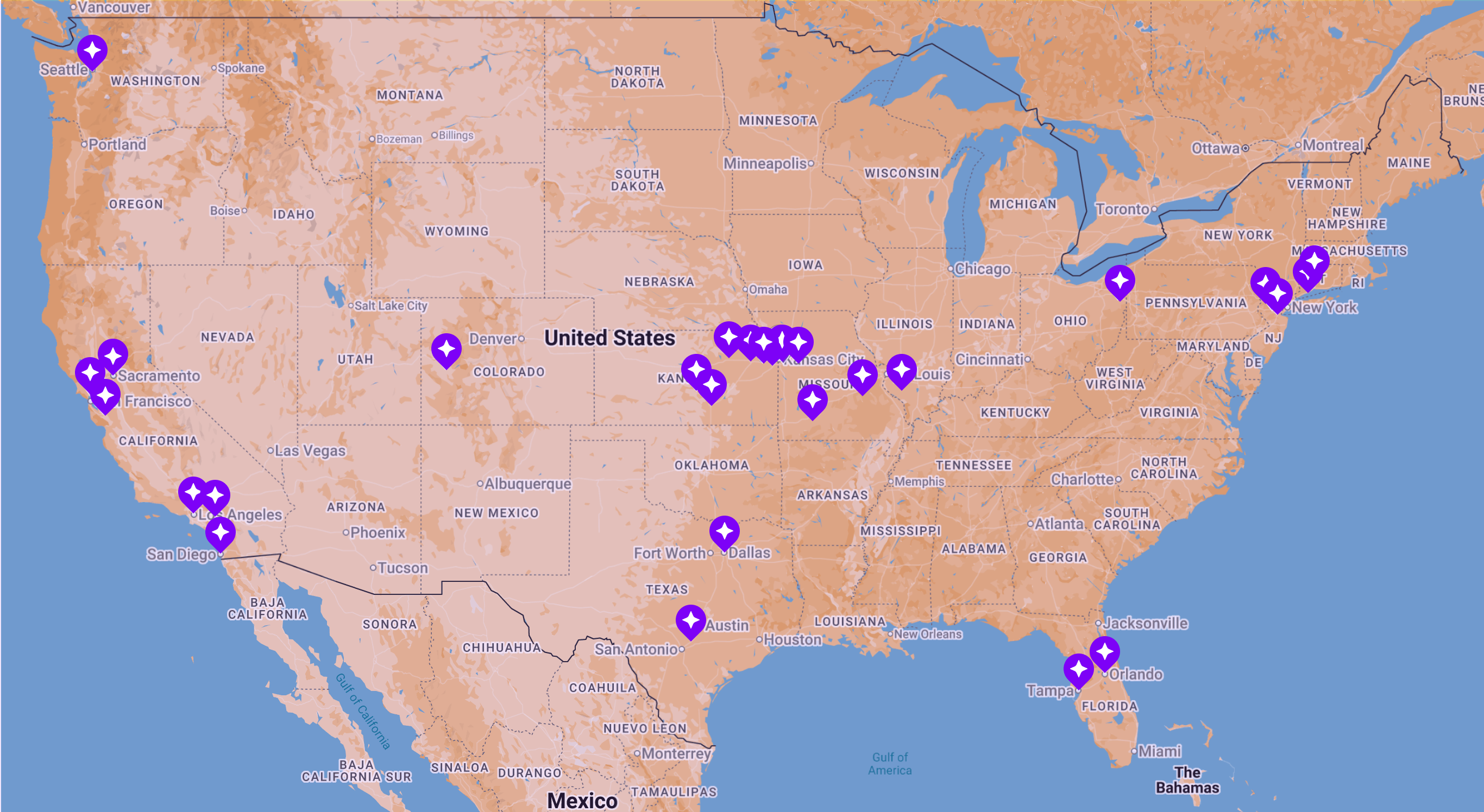 SERV Coverage Map showing business locations across the United States